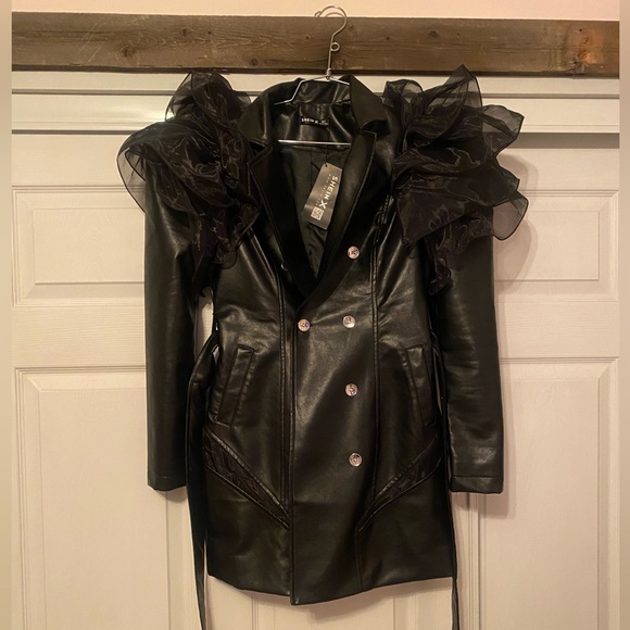 Exaggerated Ruffle Double Button Belted PU Leather Blazer Dress Size S - Picture 5 of 8